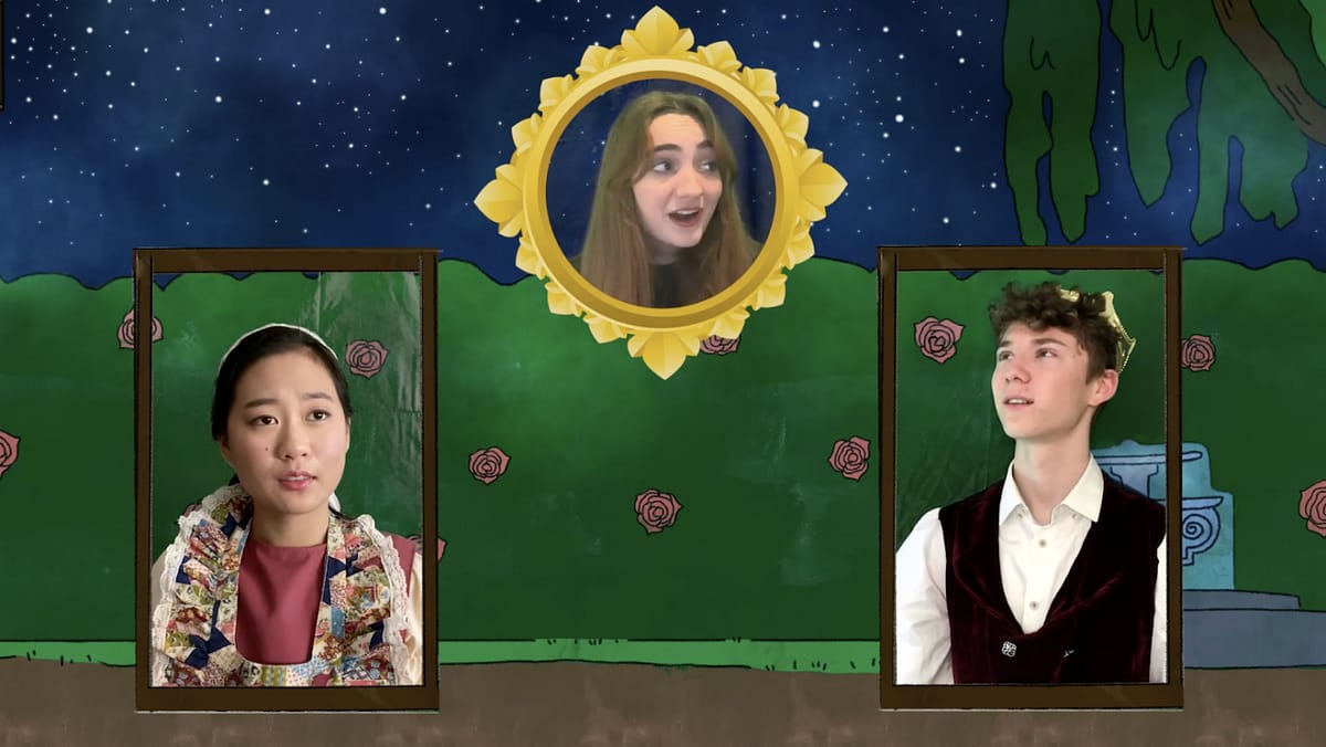 A screenshot of the online performance, in which Maxine Park '23, Eli Marion '22, and Angela Henderson '22 are performing together remotely.
