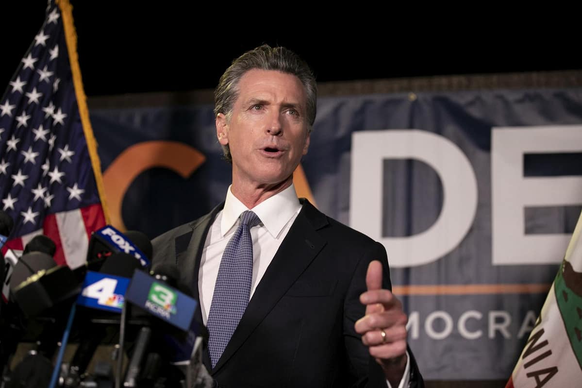 Governor Newsom delivers a speech on election night at the California Democratic Party headquarters.