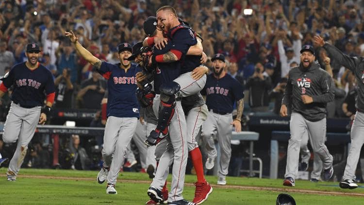 Red Sox celebrate after the final out