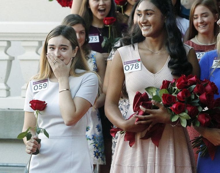 Helen Rossi '19 reacts to being chosen for the Rose Parade’s 2019 Royal Court by Tournament of Roses President Gerald Freeny.